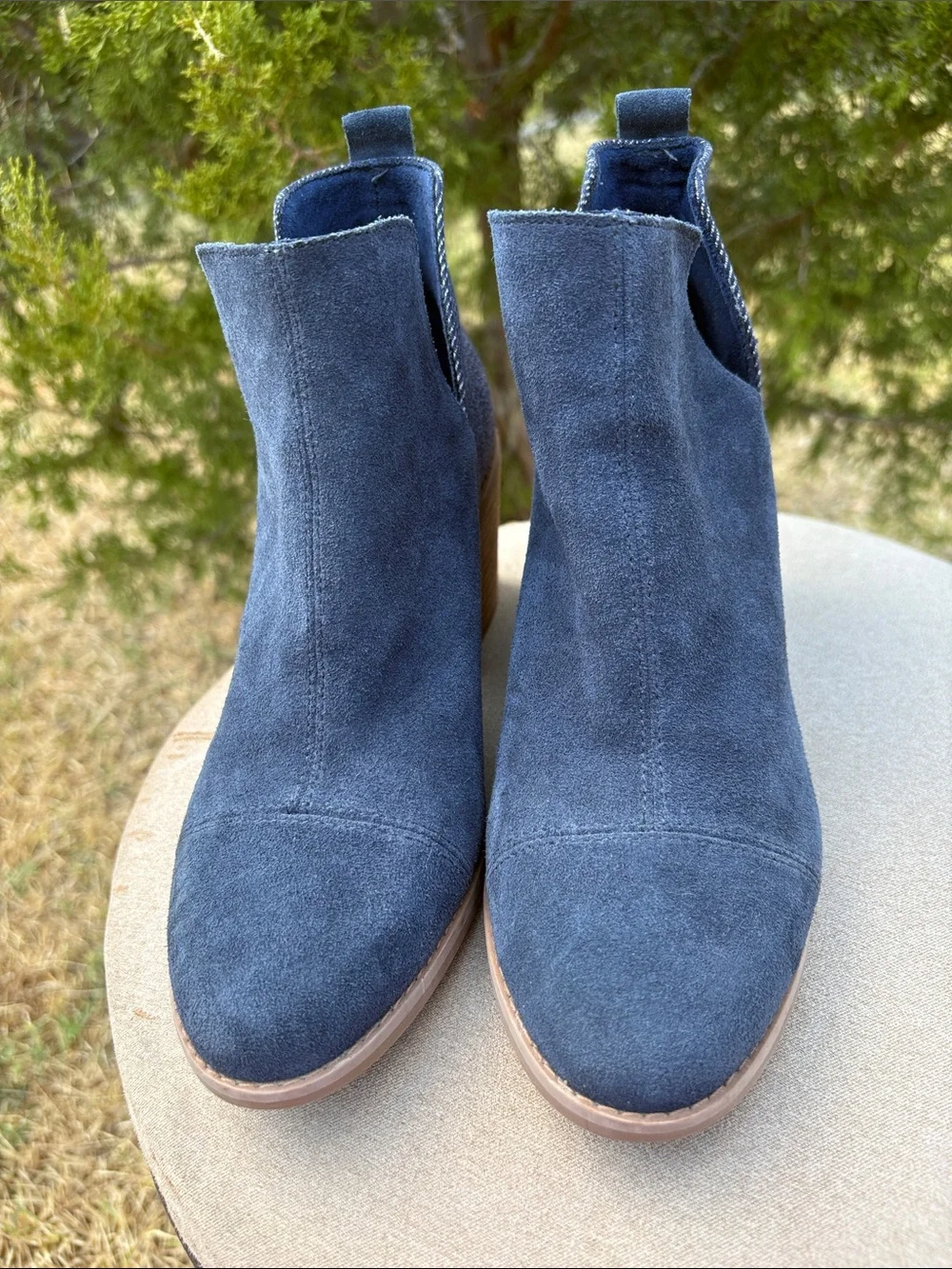 Toms Navy Suede Ankle Booties with Patterned Back